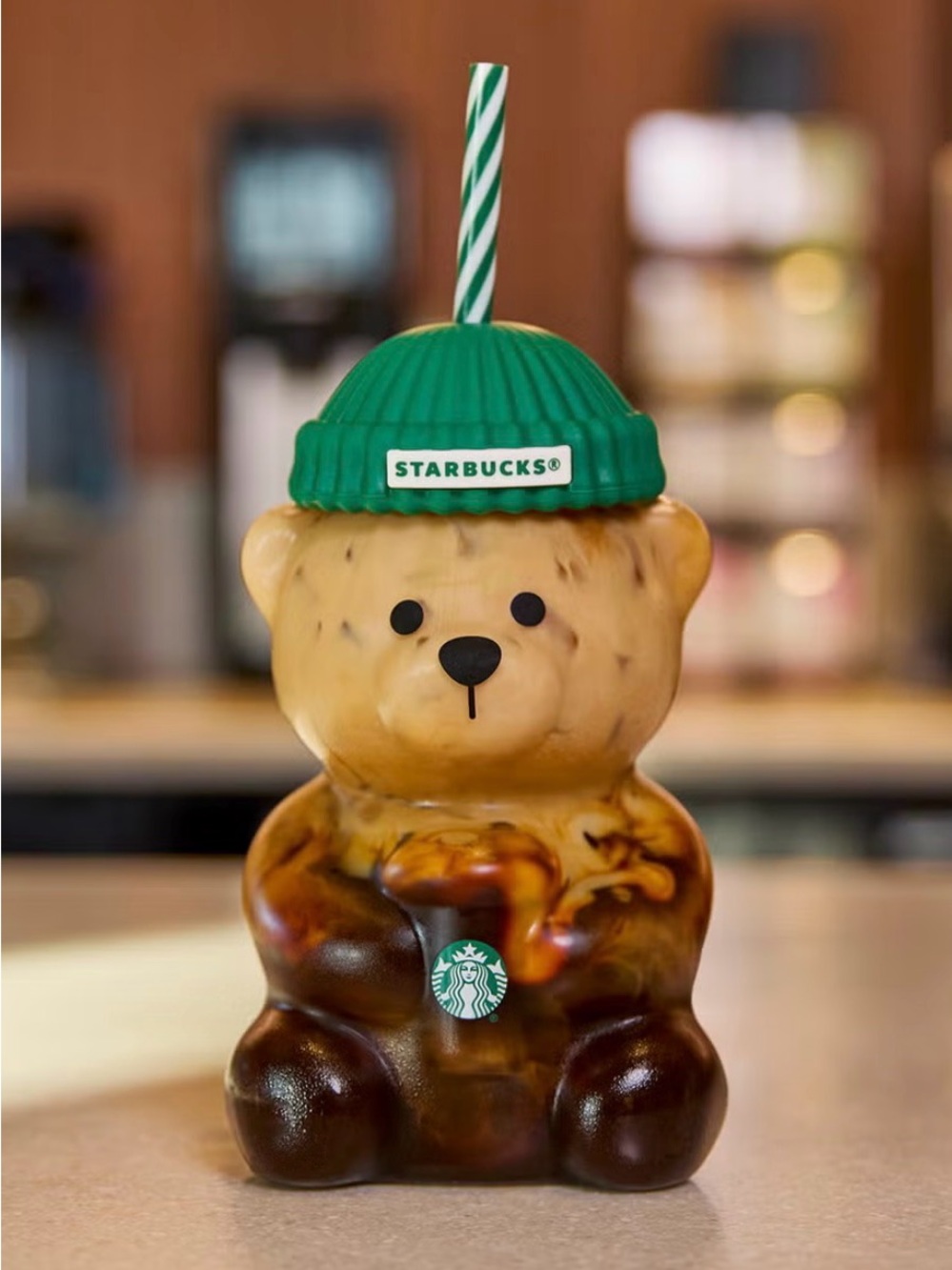 Starbucks Clear Bear Cup with Green Beanie Lid and Striped Straw